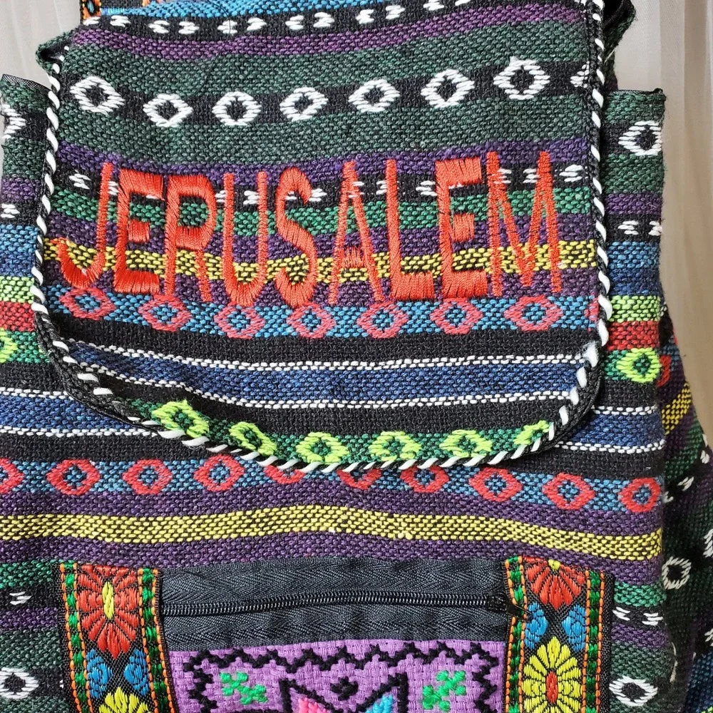 Hand Embroidered Palestinian Backpack Boho Style Jerusalem Tatreez Colorful‎